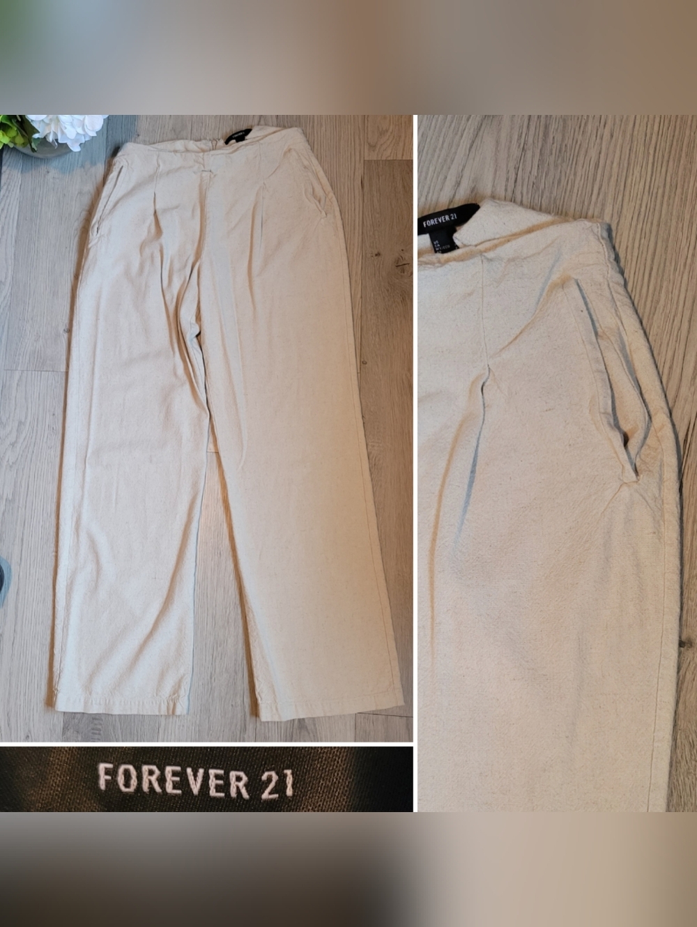 Forever 21 Cream Pleated Wide Leg High-Waist Linen Flax Blend Trouser, Women's S